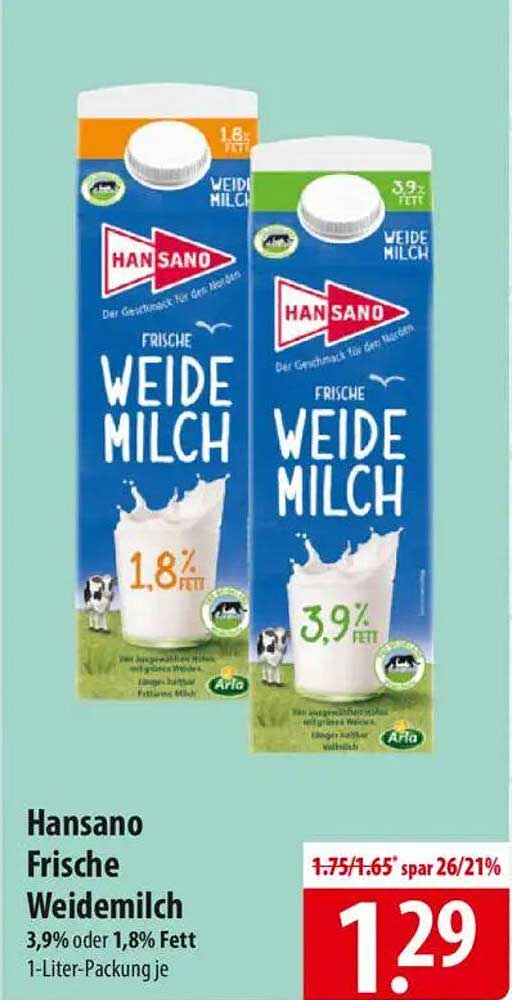 Hansano Frische Weidemilch 1-Liter-Packung