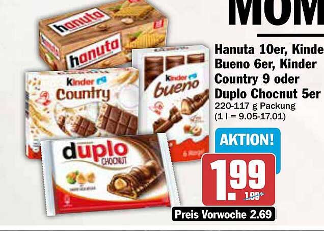 Hanuta 10er, Kinder Bueno 6er, Kinder Country 9 oder Duplo Chocnut 5er