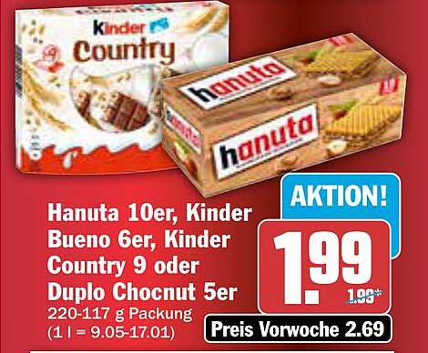 Hanuta 10er, Kinder Bueno 6er, Kinder Country 9 oder Duplo Chocnut 5er