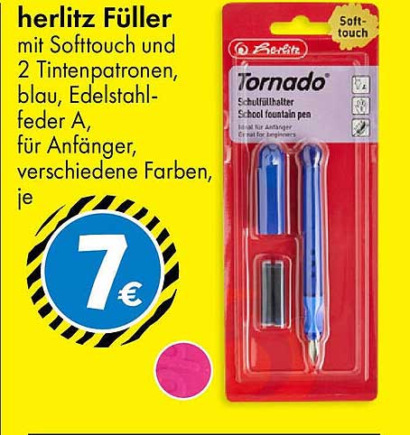 herlitz Füller mit Softtouch und 2 Tintenpatronen, blau, Edelstahlfeder A, für Anfänger, verschiedene Farben