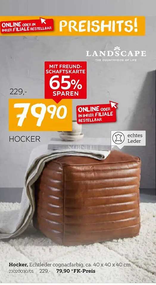 Hocker aus echtem Leder - cognacfarben