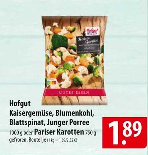 Hofgut Kaisergemüse, Blumenkohl, Blattspinat, Junge Porree 1000 g oder Pariser Karotten 750 g gefroren, Beutel je