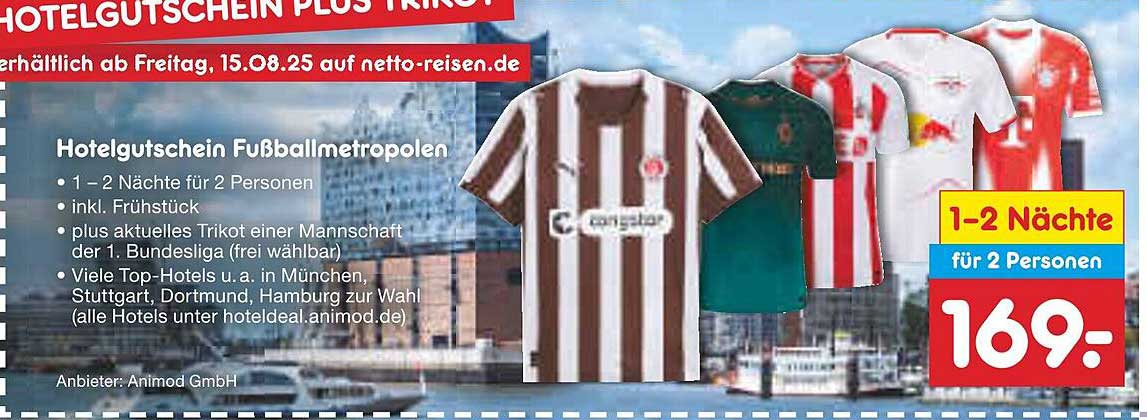 Hotelgutschein Fußballmetropolen für 1-2 Nächte für 2 Personen inkl. Frühstück und Trikot