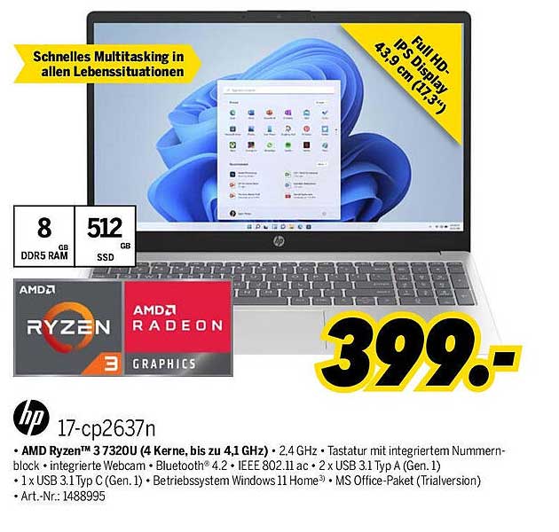 HP 17-cp2637n Laptop mit AMD Ryzen™ 3 und 512 GB SSD für 399,-