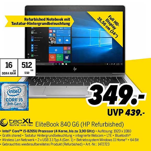 HP EliteBook 840 G6 (Refurbished) - Full HD Notebook mit Tastatur-Hintergrundbeleuchtung
