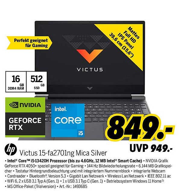 HP Victus 15-fa2701ng Mica Silver - Ideal für Gaming