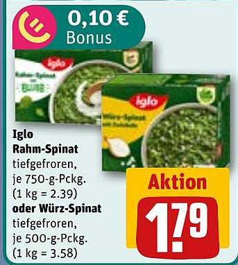 Iglo Rahm-Spinat oder Würz-Spinat, tiefgefroren, je 750-g- bzw. 500-g-Pckg.