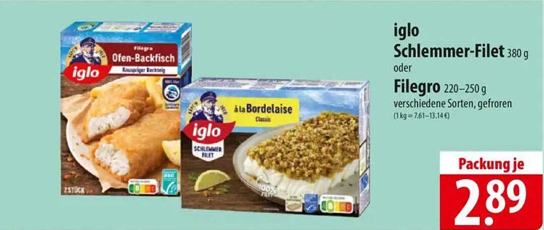 iglo Schlemmer-Filet 380 g oder Filegro 220–250 g verschiedene Sorten, gefroren