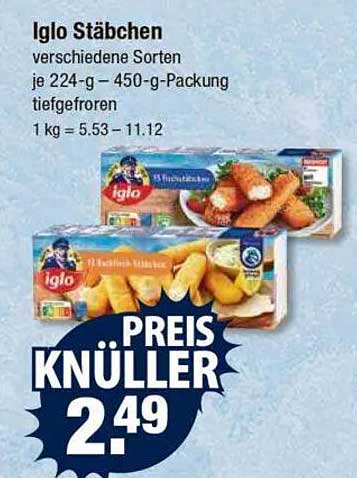 Iglo Stäbchen verschiedene Sorten je 224-g – 450-g-Packung tiefgefroren