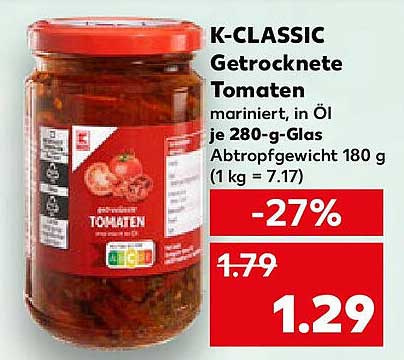 K-CLASSIC Getrocknete Tomaten mariniert in Öl, je 280-g-Glas