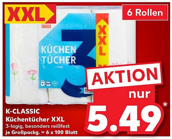 K-CLASSIC Küchentücher XXL 3-lagig, 6 Rollen