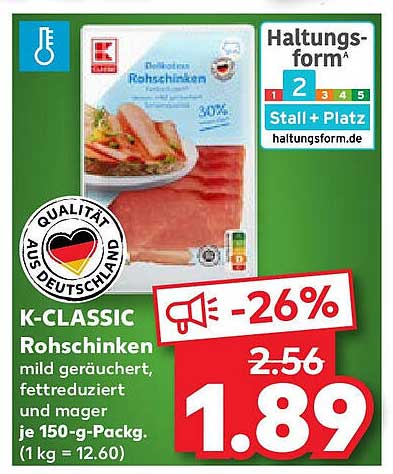 K-CLASSIC Rohschinken mild geräuchert, fettreduziert 150-g-Packung
