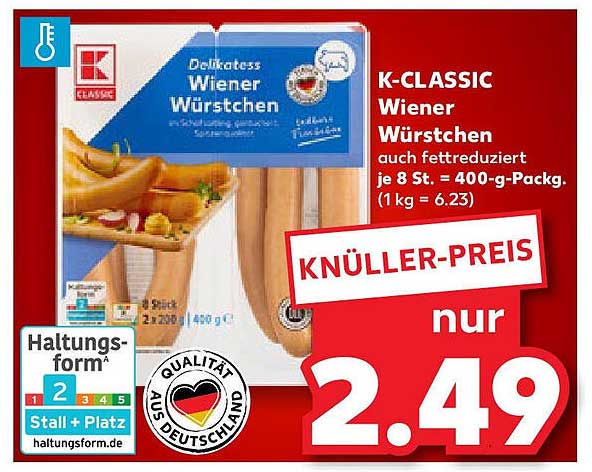 K-CLASSIC Wiener Würstchen auch fettreduziert je 8 St. = 400-g-Pack.