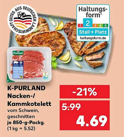 K-PURLAND Nacken-/Kammkotelett vom Schwein, geschnitten je 850-g-Packung