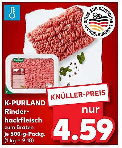 K-PURLAND Rinderhackfleisch zum Braten je 500-g-Pack.