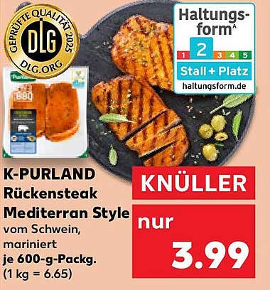 K-PURLAND Rückensteak Mediterran Style vom Schwein, mariniert, je 600-g-Pack.