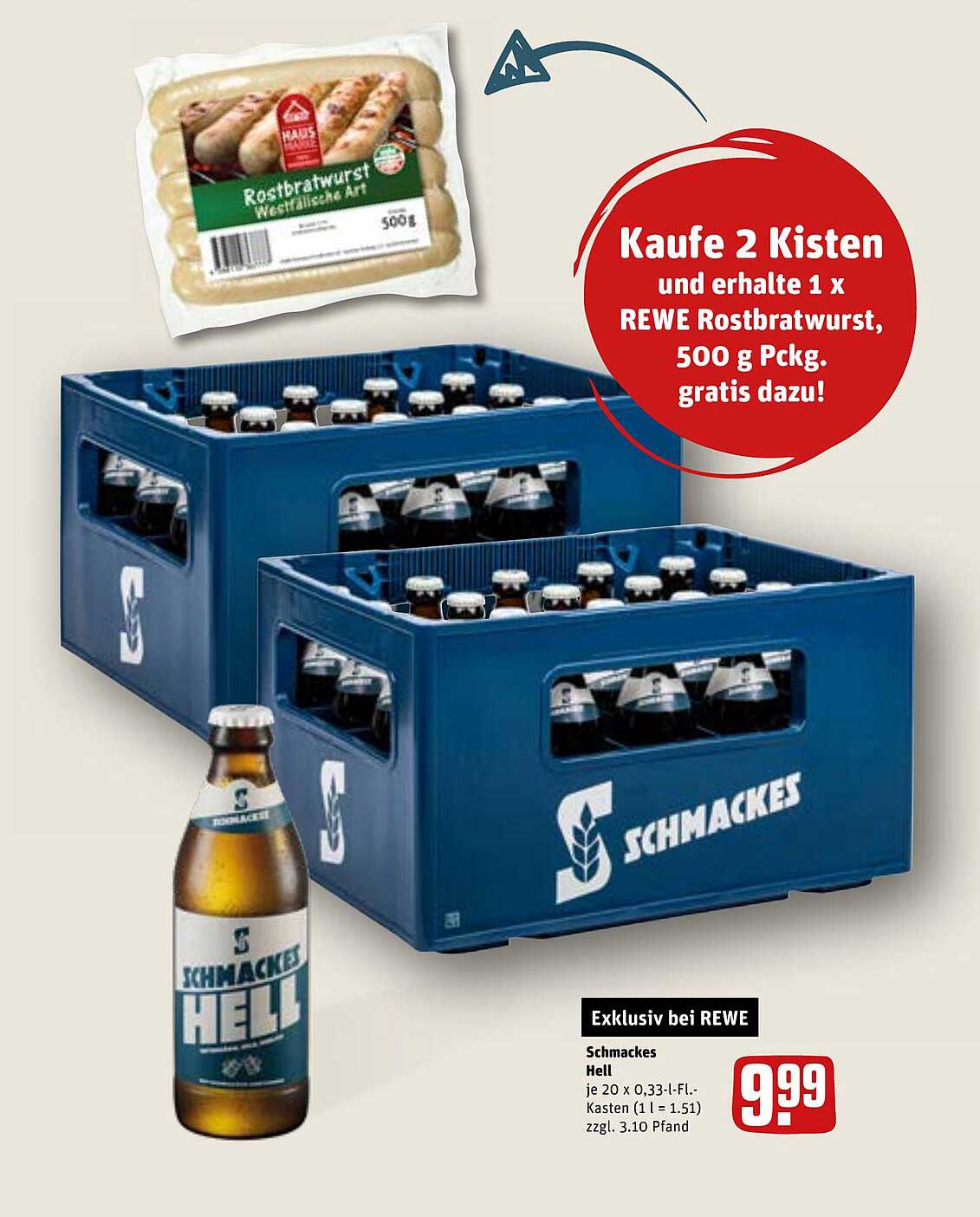 Kaufe 2 Kisten Schmackes Hell und erhalte 1 x REWE Rostbratwurst gratis!