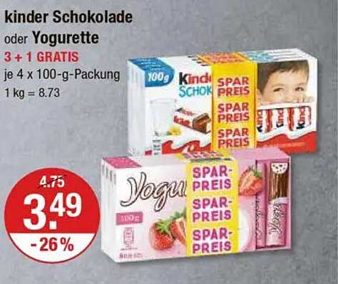 Kinder Schokolade oder Yogurette - 3 + 1 GRATIS