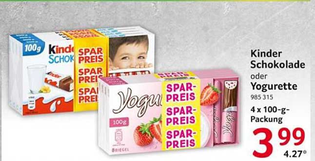 Kinder Schokolade oder Yogurette 4 x 100-g-Packung