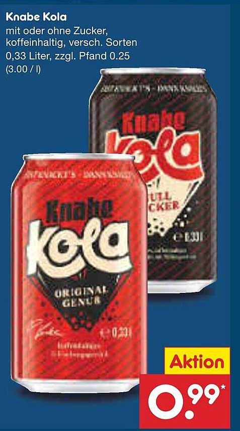 Knabe Kola mit oder ohne Zucker, koffeinhaltig, verschiedene Sorten, 0,33 Liter