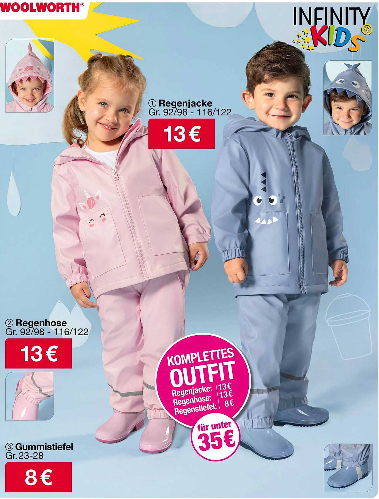 Komplettes Outfit für Kinder: Regenjacke, Regenhose und Gummistiefel