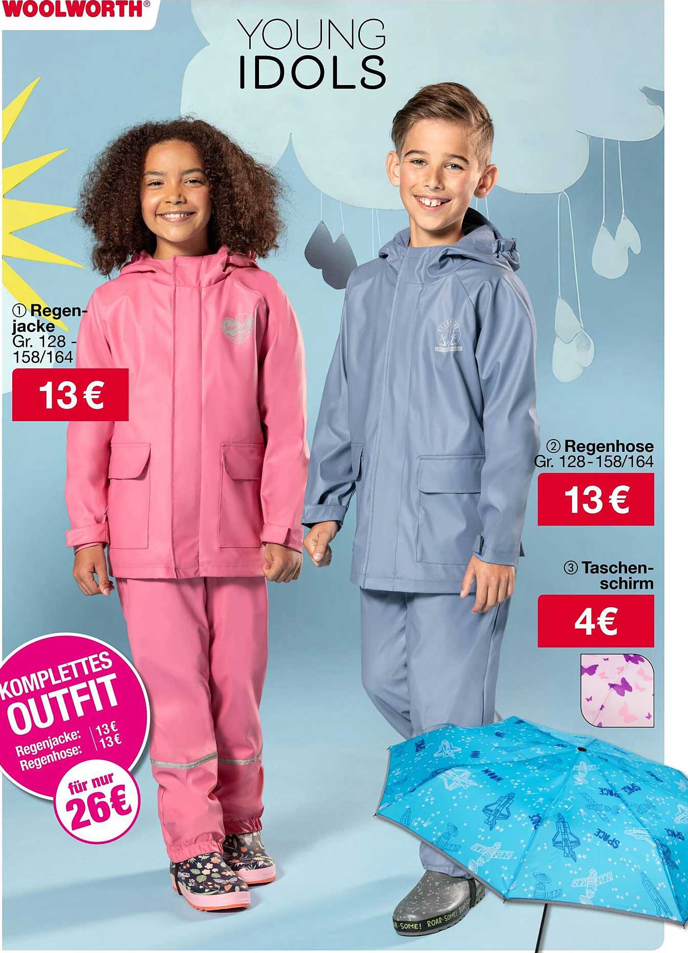 Komplettes Outfit für Kinder: Regenjacke, Regenhose und Taschenschirm