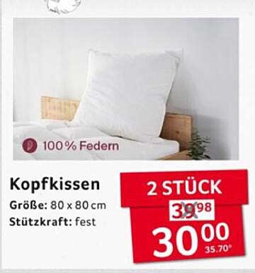Kopfkissen - 100% Federn, Größe 80 x 80 cm, 2 Stück
