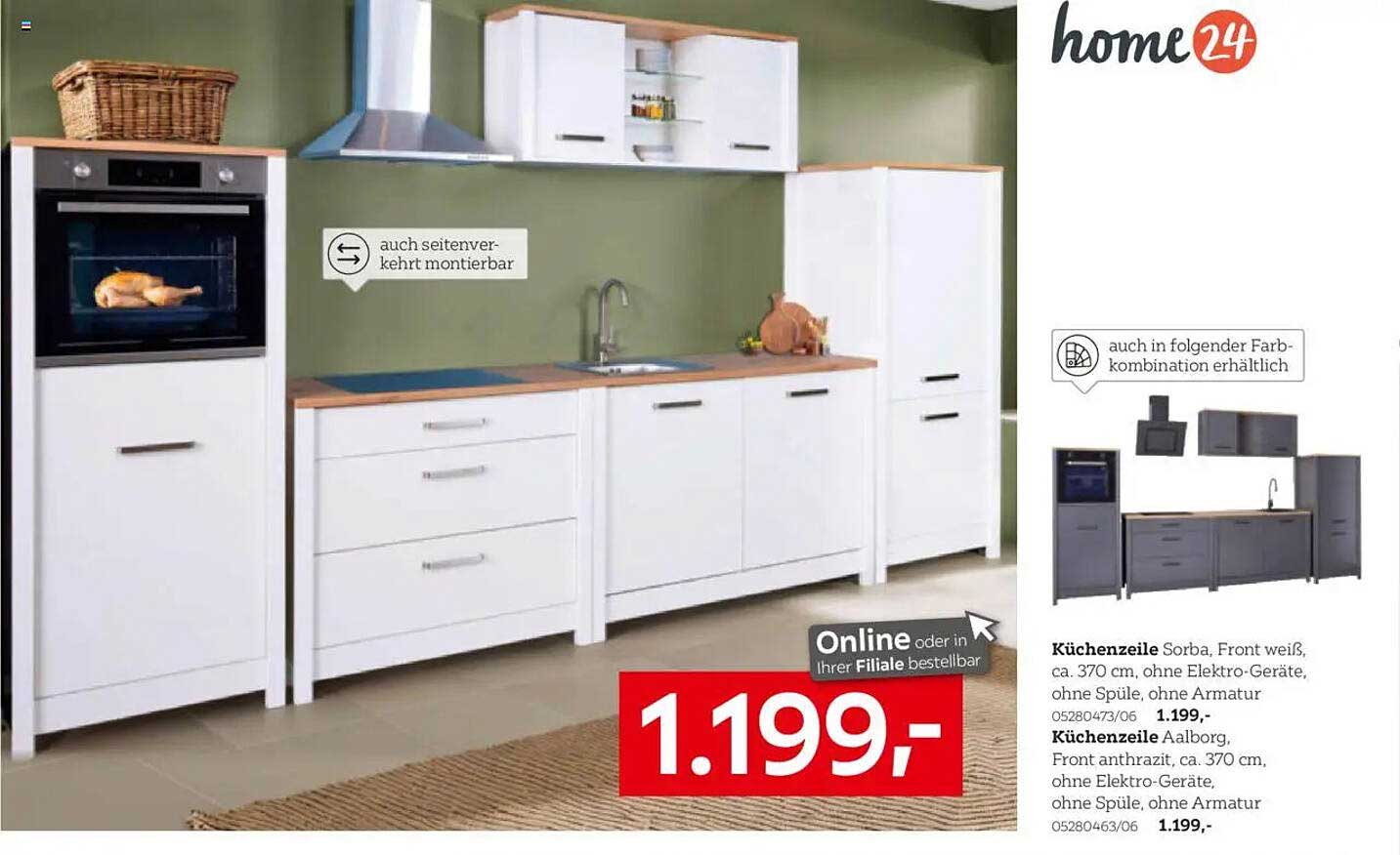 Küchenzeile Sorba, Front weiß, ca. 370 cm, ohne Elektro-Geräte, ohne Spüle, ohne Armatur