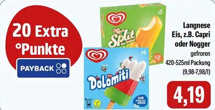 Langnese Eis, z.B. Capri oder Nogger gefroren 420-525ml Packung