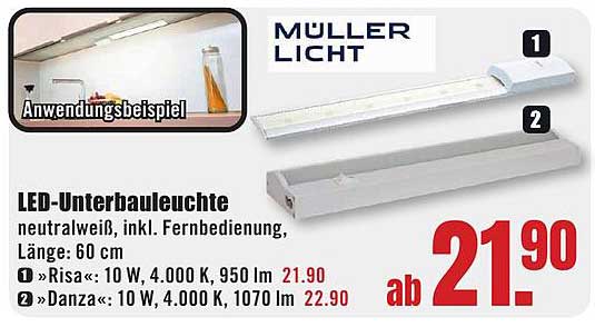 LED-Unterbaulampe von Müller Licht – neutralweiß, inkl. Fernbedienung, Länge: 60 cm