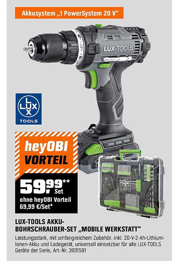 LUX-TOOLS Akku-Bohrschrauber-Set „Mobile Werkstatt“