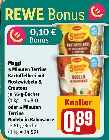 Maggi 5 Minuten Terrine Kartoffelbrei mit Röstzwiebeln & Croutons oder 5 Minuten Terrine Nudeln in Rahmsauce
