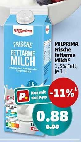 MILPRIMA Frische fettarme Milch 1,5% Fett, je 1 l