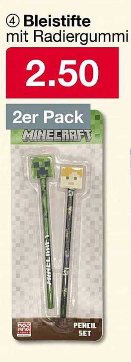 Minecraft Bleistifte mit Radiergummi – 2er Pack
