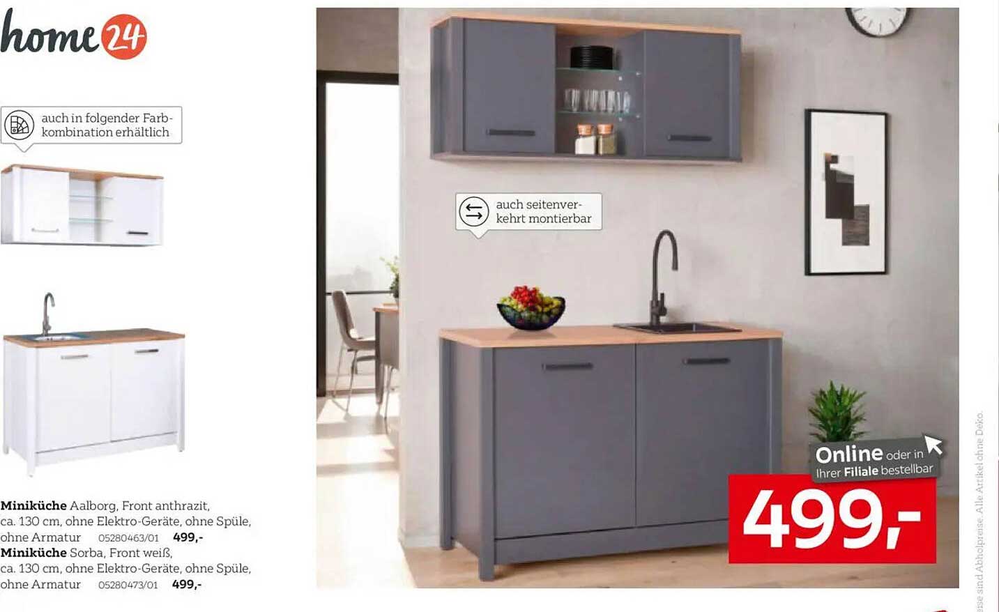 Miniküche Aalborg, Front anthrazit, ca. 130 cm, ohne Elektro-Geräte, ohne Spüle, ohne Armatur