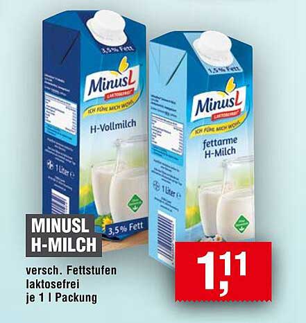 MINUSL H-Milch verschiedene Fettstufen laktosefrei je 1 l Packung