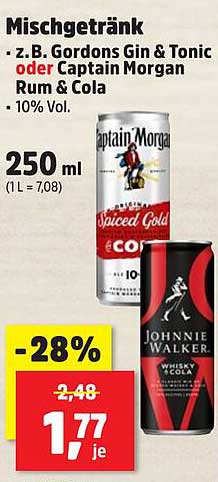 Mischgetränk – z.B. Gordons Gin & Tonic oder Captain Morgan Rum & Cola