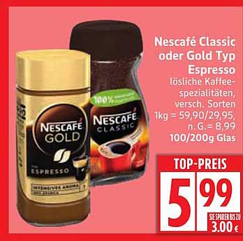 Nescafé Classic oder Gold Typ Espresso – lösliche Kaffeespezialitäten