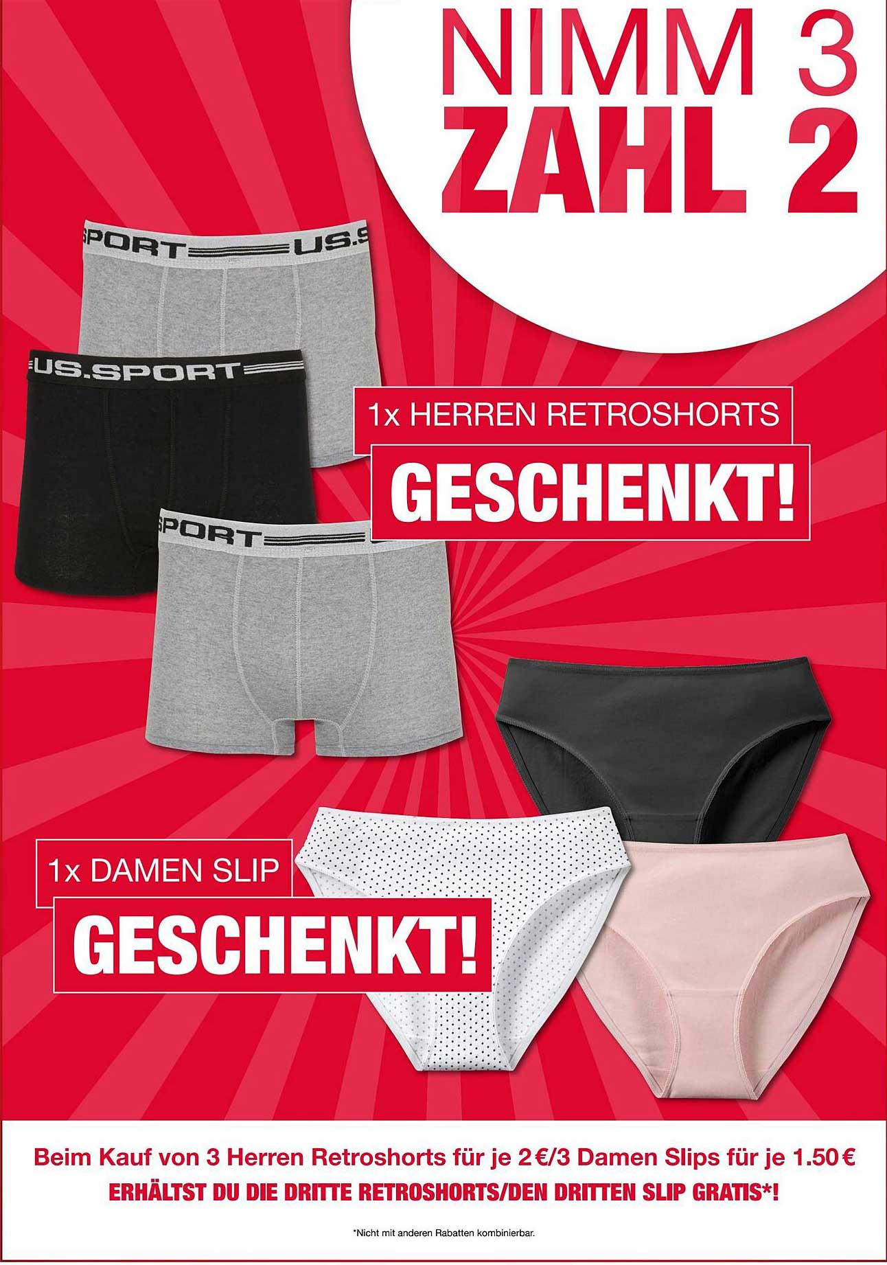 NIMM 3 ZAHL 2 - Herren RetrosHORTS und Damen Slips