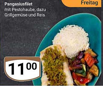 Pangasiusfilet mit Pestohaube, dazu Grillgemüse und Reis