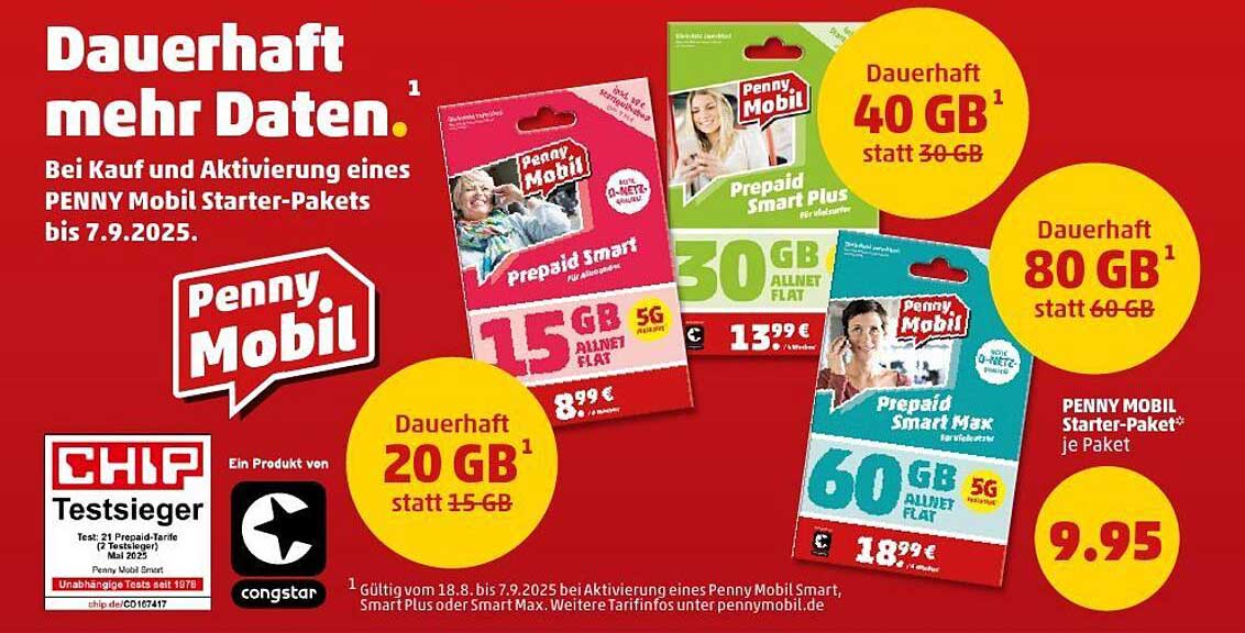 PENNY MOBIL Starter-Paket mit 60 GB Allnet-Flat für nur 9,95 €