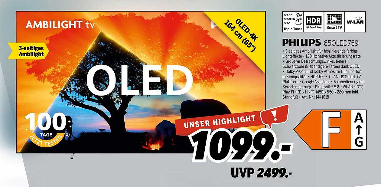 PHILIPS 650LED759 - 65 Zoll OLED 4K Fernseher mit Ambilight