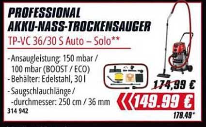 PROFESSIONAL AKKU-NASS-TROCKENSAUGER TP-VC 36/30 S Auto – Solo**