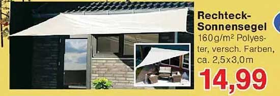 Rechteck-Sonnensegel 160g/m² Polyester, verschiedene Farben, ca. 2,5x3,0m