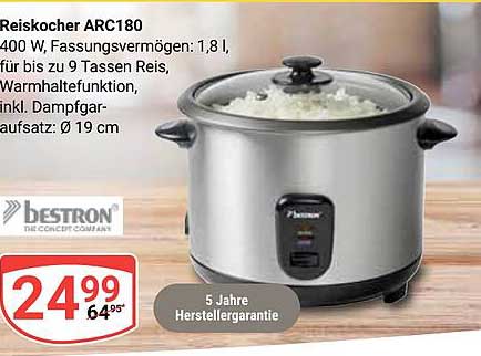 Reiskocher ARC180 von Bestron - 400 W, 1,8 l, für bis zu 9 Tassen Reis