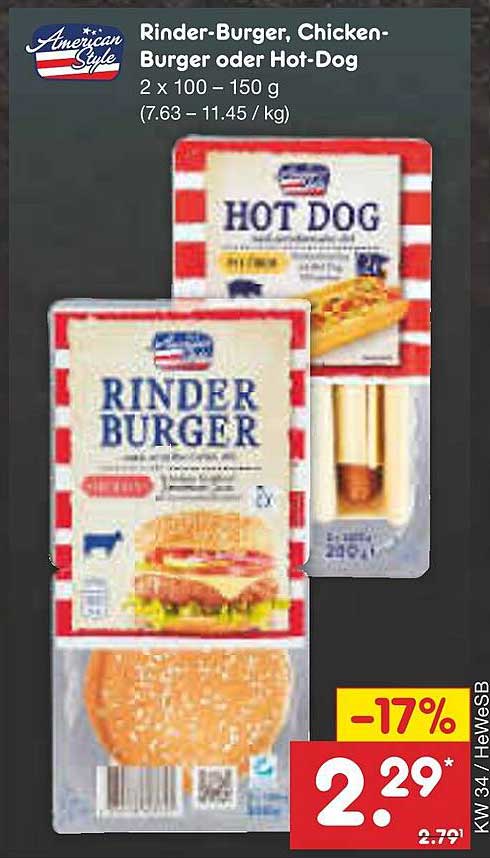 Rinder-Burger, Chicken-Burger oder Hot-Dog 2 x 100 – 150 g