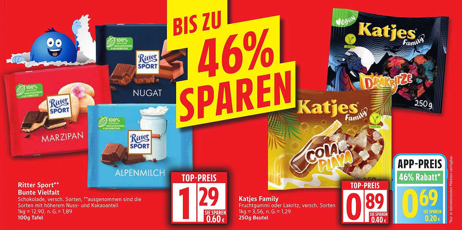 Ritter Sport** Bunte Vielfalt und Katjes Family Fruchtgummi oder Lakritz, verschiedene Sorten
