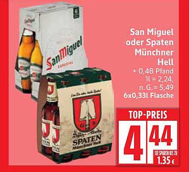 San Miguel oder Spaten Münchner Hell – 6x0,33l Flasche