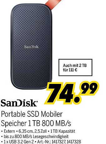 SanDisk Portable SSD Mobiler Speicher 1 TB 800 MB/s