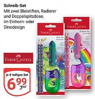 Schreib-Set von Faber-Castell mit zwei Bleistiften, Radierer und Doppelspitzdose im Einhorn- oder Dinodesign